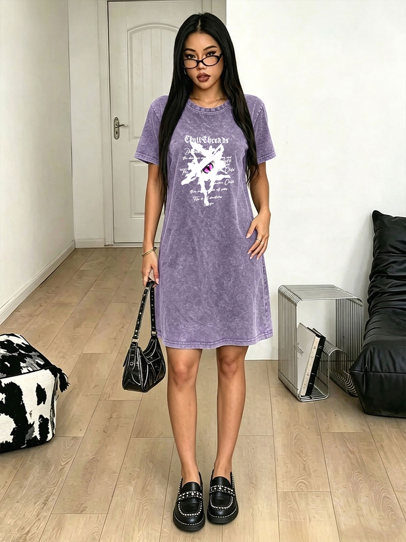 Streetwear Brand With Eye - فستان تي شيرت نسائي مغسول بتصميم